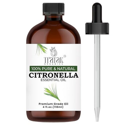 TRATAK ORGANICS Citronella Bio Öl – 118 ml – 100% reines und natürliches Citronellaöl für Diffuser und Aromatherapie, Haut, Massage, Kerzen- und Seifenherstellung – mit Pipette