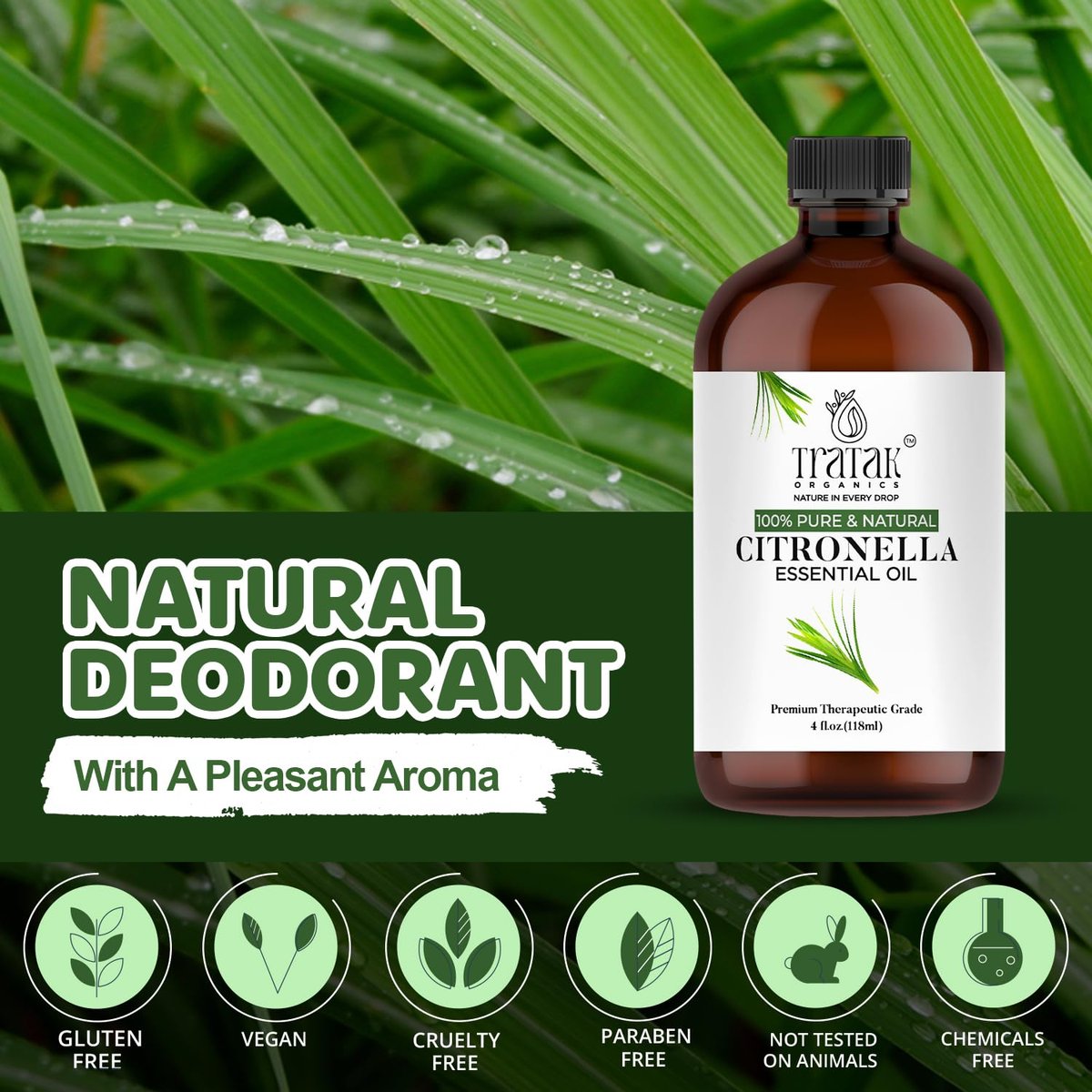 TRATAK ORGANICS Citronella Bio Öl – 118 ml – 100% reines und natürliches Citronellaöl für Diffuser und Aromatherapie, Haut, Massage, Kerzen- und Seifenherstellung – mit Pipette