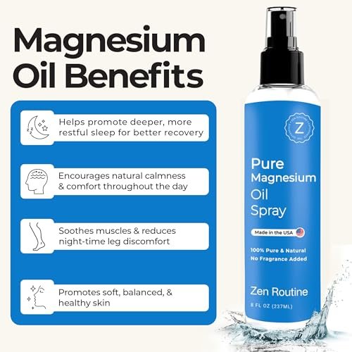 Zen Routine Reines Magnesiumöl-Spray – Hochdosiertes Zechstein USP Magnesiumchlorid für Beinkrämpfe, Schlaf, Körper & Füße – Extra stark, weniger Brennen – 100% organisch & natürlich – 8 oz – Hergestellt in den USA