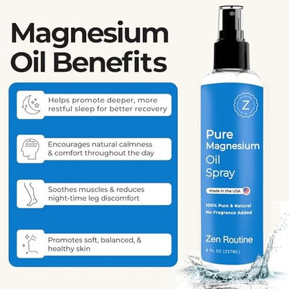 Zen Routine Reines Magnesiumöl-Spray – Hochdosiertes Zechstein USP Magnesiumchlorid für Beinkrämpfe, Schlaf, Körper & Füße – Extra stark, weniger Brennen – 100% organisch & natürlich – 8 oz – Hergestellt in den USA
