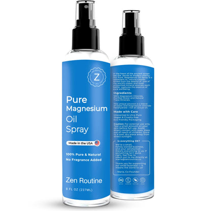 Zen Routine Reines Magnesiumöl-Spray – Hochdosiertes Zechstein USP Magnesiumchlorid für Beinkrämpfe, Schlaf, Körper & Füße – Extra stark, weniger Brennen – 100% organisch & natürlich – 8 oz – Hergestellt in den USA