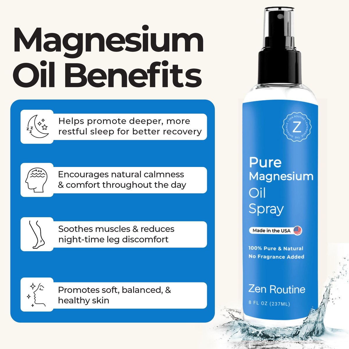 Zen Routine Reines Magnesiumöl-Spray – Hochdosiertes Zechstein USP Magnesiumchlorid für Beinkrämpfe, Schlaf, Körper & Füße – Extra stark, weniger Brennen – 100% organisch & natürlich – 8 oz – Hergestellt in den USA