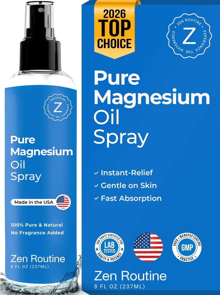 Zen Routine Reines Magnesiumöl-Spray – Hochdosiertes Zechstein USP Magnesiumchlorid für Beinkrämpfe, Schlaf, Körper & Füße – Extra stark, weniger Brennen – 100% organisch & natürlich – 8 oz – Hergestellt in den USA