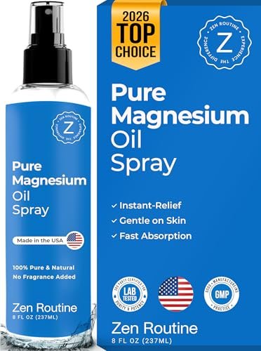 Zen Routine Reines Magnesiumöl-Spray – Hochdosiertes Zechstein USP Magnesiumchlorid für Beinkrämpfe, Schlaf, Körper & Füße – Extra stark, weniger Brennen – 100% organisch & natürlich – 8 oz – Hergestellt in den USA