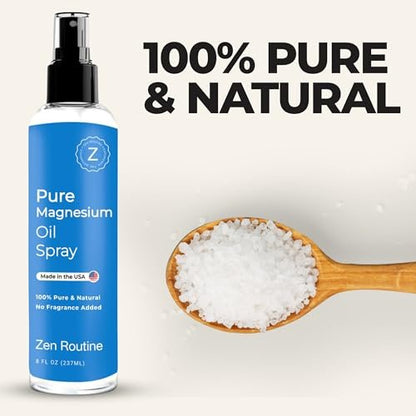 Zen Routine Reines Magnesiumöl-Spray – Hochdosiertes Zechstein USP Magnesiumchlorid für Beinkrämpfe, Schlaf, Körper & Füße – Extra stark, weniger Brennen – 100% organisch & natürlich – 8 oz – Hergestellt in den USA