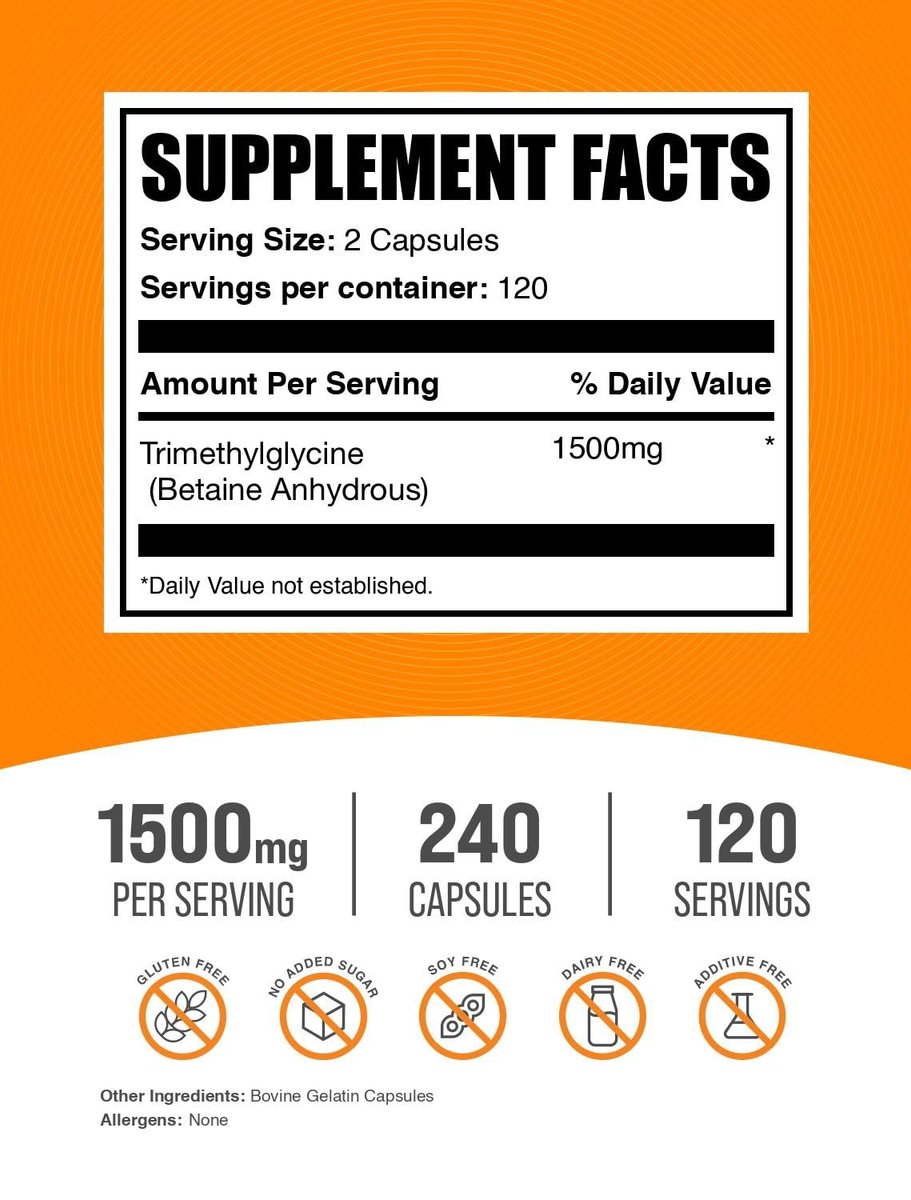 BulkSupplements.com TMG Kapseln - Trimethylglycin als Betain Anhydrous, TMG Supplement - Glutenfrei, 2 Kapseln pro Portion (1500 mg), 240 Stück (Packung mit 1)