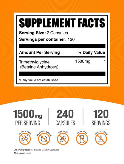 BulkSupplements.com TMG Kapseln - Trimethylglycin als Betain Anhydrous, TMG Supplement - Glutenfrei, 2 Kapseln pro Portion (1500 mg), 240 Stück (Packung mit 1)