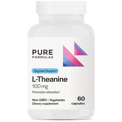 PureFormulas L-Theanin 100 mg – Unterstützt Stresslevel, entspannten Zustand, Stimmung, Schlaf – Milchfrei, Sojafrei, Nicht-GVO – 60 vegane Kapseln
