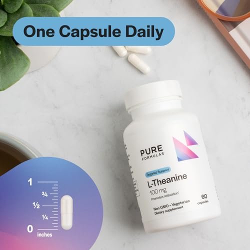 PureFormulas L-Theanin 100 mg – Unterstützt Stresslevel, entspannten Zustand, Stimmung, Schlaf – Milchfrei, Sojafrei, Nicht-GVO – 60 vegane Kapseln