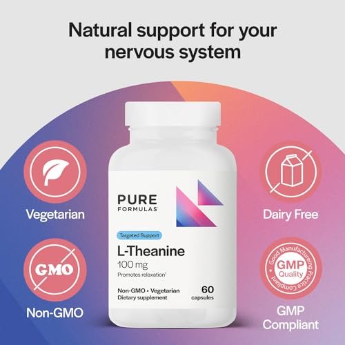 PureFormulas L-Theanin 100 mg – Unterstützt Stresslevel, entspannten Zustand, Stimmung, Schlaf – Milchfrei, Sojafrei, Nicht-GVO – 60 vegane Kapseln