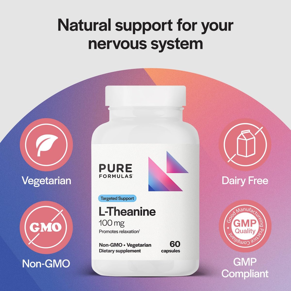 PureFormulas L-Theanin 100 mg – Unterstützt Stresslevel, entspannten Zustand, Stimmung, Schlaf – Milchfrei, Sojafrei, Nicht-GVO – 60 vegane Kapseln