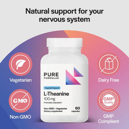 PureFormulas L-Theanin 100 mg – Unterstützt Stresslevel, entspannten Zustand, Stimmung, Schlaf – Milchfrei, Sojafrei, Nicht-GVO – 60 vegane Kapseln