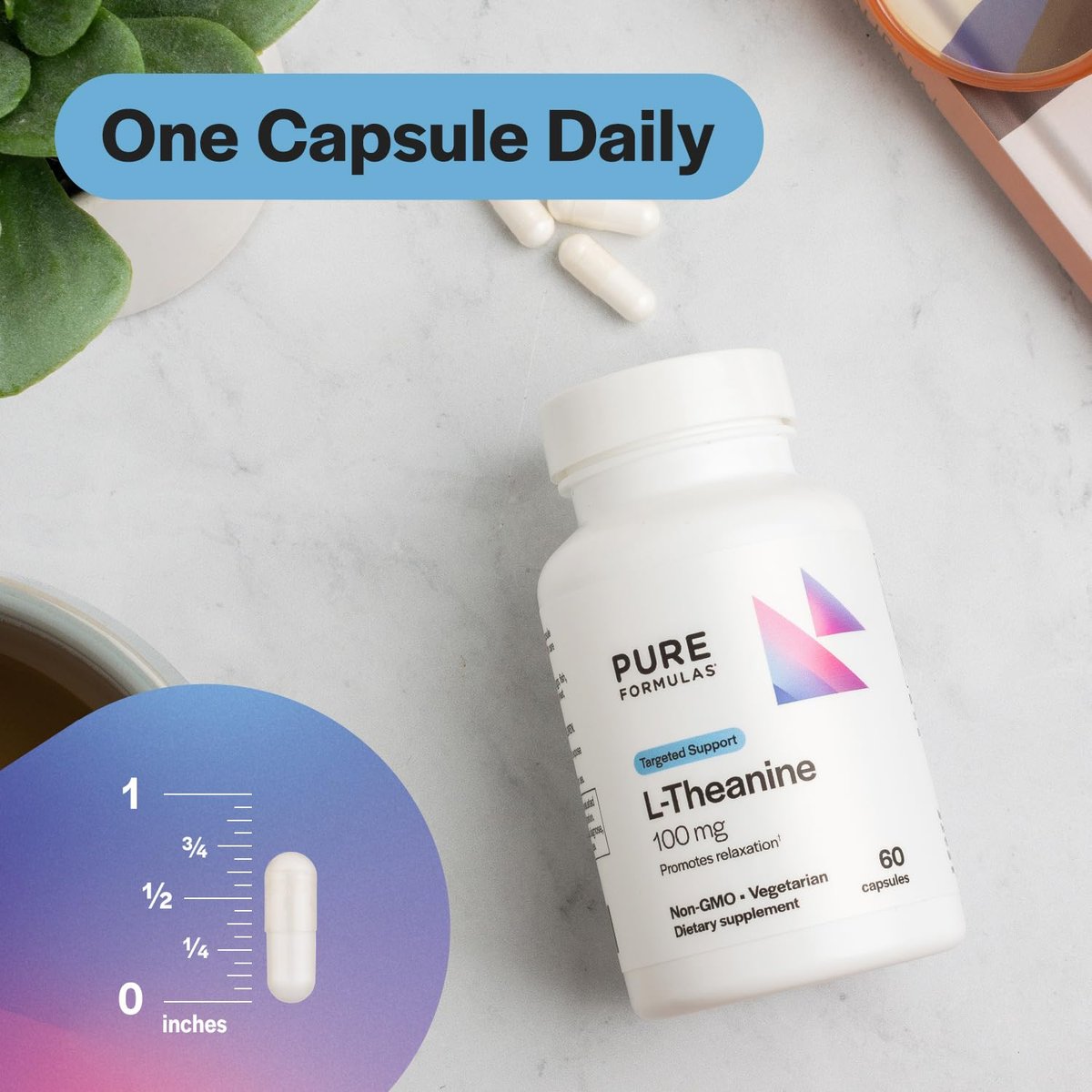 PureFormulas L-Theanin 100 mg – Unterstützt Stresslevel, entspannten Zustand, Stimmung, Schlaf – Milchfrei, Sojafrei, Nicht-GVO – 60 vegane Kapseln