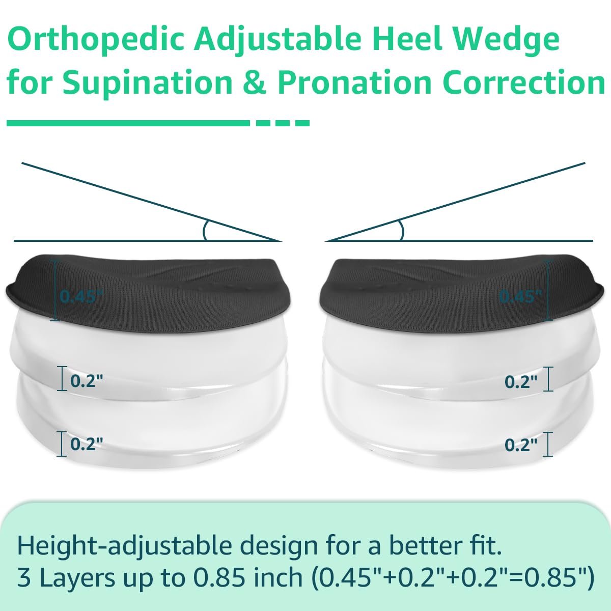 Skyfoot 3-lagige verstellbare Fersenkeil-Einlagen für Supination & Pronation Korrektur, Klebende mediale & laterale Fersenpolster für O-Beine, Knieschmerzen, Fußausrichtung (L: Damen 7-11, Herren 7-10, Schwarz)