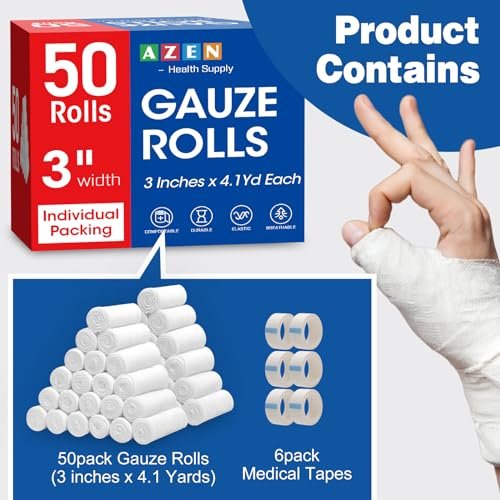 AZEN 50er Pack Mullbinden, 3 Zoll x 4,1 Yards, Premium medizinische Versorgung & Erste-Hilfe-Zubehör, Verbandswatte