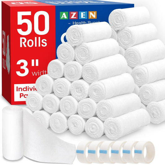 AZEN 50er Pack Mullbinden, 3 Zoll x 4,1 Yards, Premium medizinische Versorgung & Erste-Hilfe-Zubehör, Verbandswatte