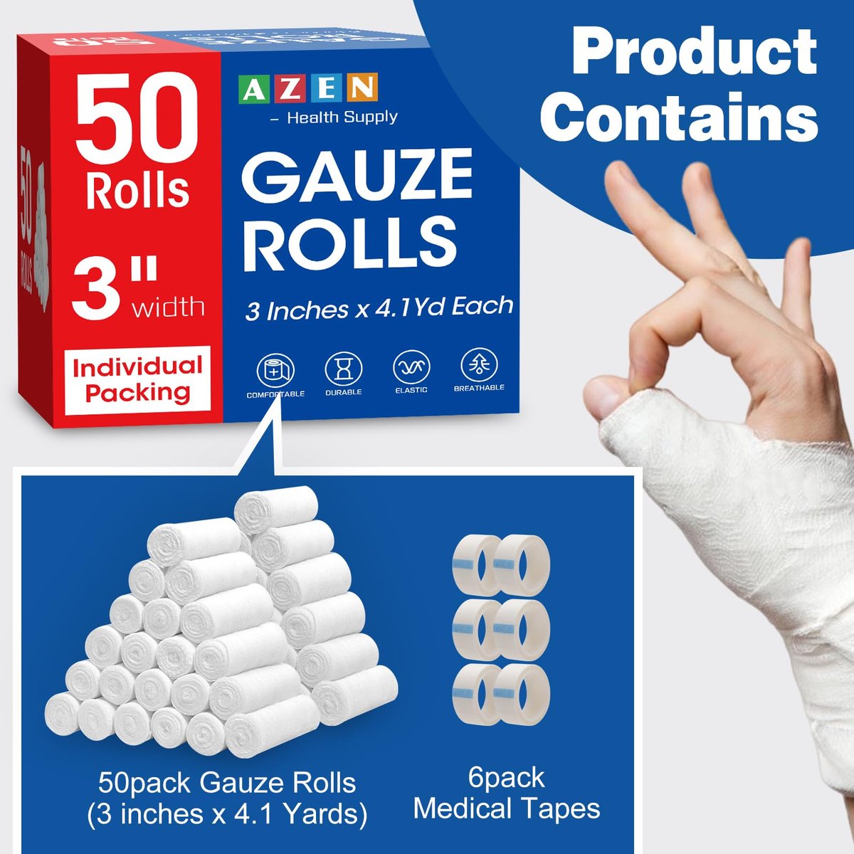 AZEN 50er Pack Mullbinden, 3 Zoll x 4,1 Yards, Premium medizinische Versorgung & Erste-Hilfe-Zubehör, Verbandswatte