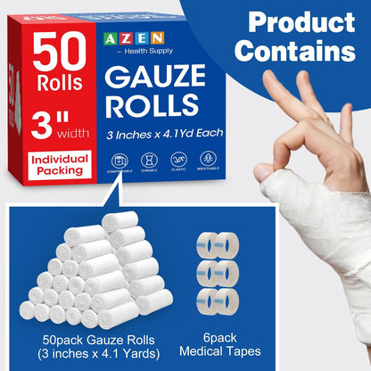 AZEN 50er Pack Mullbinden, 3 Zoll x 4,1 Yards, Premium medizinische Versorgung & Erste-Hilfe-Zubehör, Verbandswatte