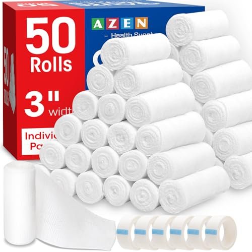 AZEN 50er Pack Mullbinden, 3 Zoll x 4,1 Yards, Premium medizinische Versorgung & Erste-Hilfe-Zubehör, Verbandswatte