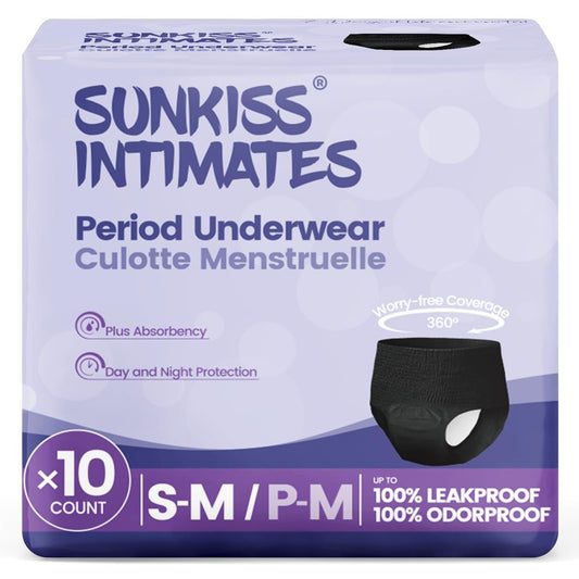 SUNKISS INTIMATES Einweg-Periode-Unterwäsche für Frauen bei starkem Blutfluss, Low-Rise, unparfümiert, Postpartum-Essentials, Schwarz, Small/Medium, 10 Stück