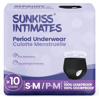SUNKISS INTIMATES Einweg-Periode-Unterwäsche für Frauen bei starkem Blutfluss, Low-Rise, unparfümiert, Postpartum-Essentials, Schwarz, Small/Medium, 10 Stück