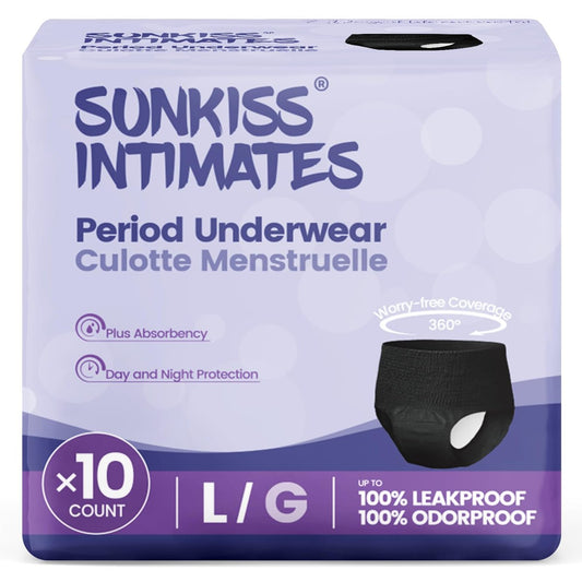 SUNKISS INTIMATES Einweg-Periode-Unterwäsche für Frauen mit starker Blutung, niedrig geschnittene, parfümfreie Wochenbett-Essentials, Schwarz, Large, 10 Stück