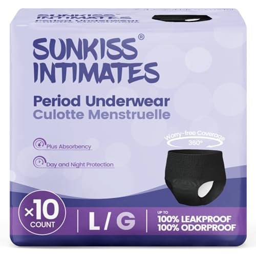 SUNKISS INTIMATES Einweg-Periode-Unterwäsche für Frauen mit starker Blutung, niedrig geschnittene, parfümfreie Wochenbett-Essentials, Schwarz, Large, 10 Stück