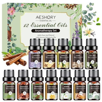 Ätherische Öle Set - 12 Stück Bio Aromatherapie Öl Kit für Diffuser, Luftbefeuchter, Massage, Seife, Kerzenherstellung (5 mL)