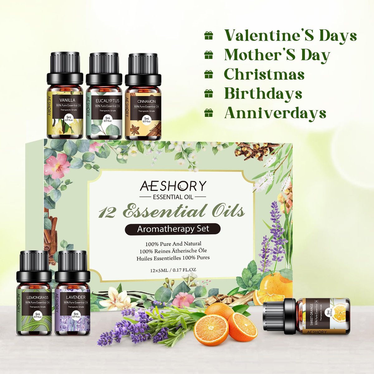 Ätherische Öle Set - 12 Stück Bio Aromatherapie Öl Kit für Diffuser, Luftbefeuchter, Massage, Seife, Kerzenherstellung (5 mL)