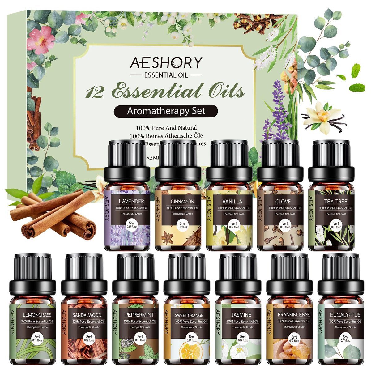 Ätherische Öle Set - 12 Stück Bio Aromatherapie Öl Kit für Diffuser, Luftbefeuchter, Massage, Seife, Kerzenherstellung (5 mL)