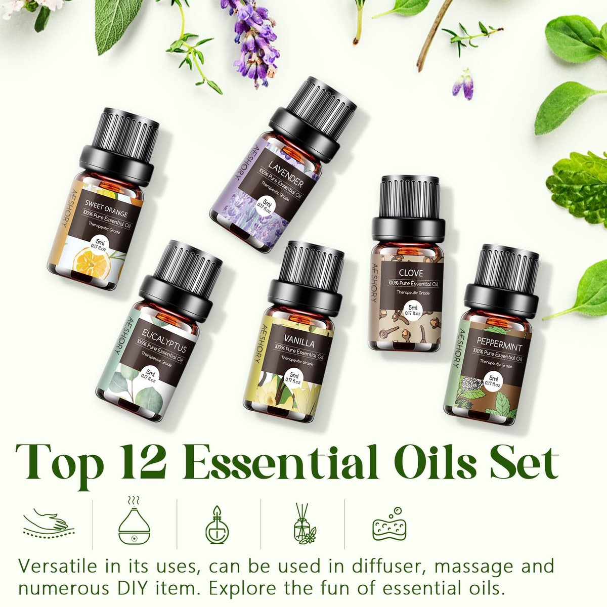 Ätherische Öle Set - 12 Stück Bio Aromatherapie Öl Kit für Diffuser, Luftbefeuchter, Massage, Seife, Kerzenherstellung (5 mL)