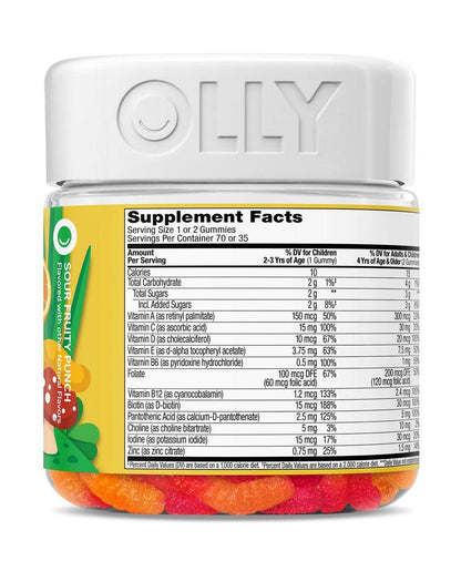 OLLY Kids Multivitamin Gummis – Gesamte Gesundheit & Immununterstützung* mit Vitaminen A, C, D, E, B und Zink, saurer Fruchtpunsch-Geschmack, 70 Gummis (70-Tage-Vorrat)