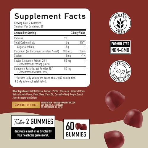 SMNutrition Zuckerfreie Zimt-Gummis mit Ceylon-Zimt & Cassia-Komplex | Zuckerfreier Lebensstil & Schuldgefühlsfreier Apfelkuchen-Geschmack mit Chrom | Vegan, Nicht-GVO, Glutenfrei | 60 Gummis