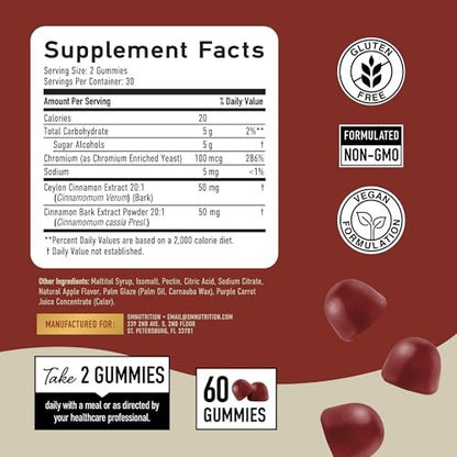 SMNutrition Zuckerfreie Zimt-Gummis mit Ceylon-Zimt & Cassia-Komplex | Zuckerfreier Lebensstil & Schuldgefühlsfreier Apfelkuchen-Geschmack mit Chrom | Vegan, Nicht-GVO, Glutenfrei | 60 Gummis