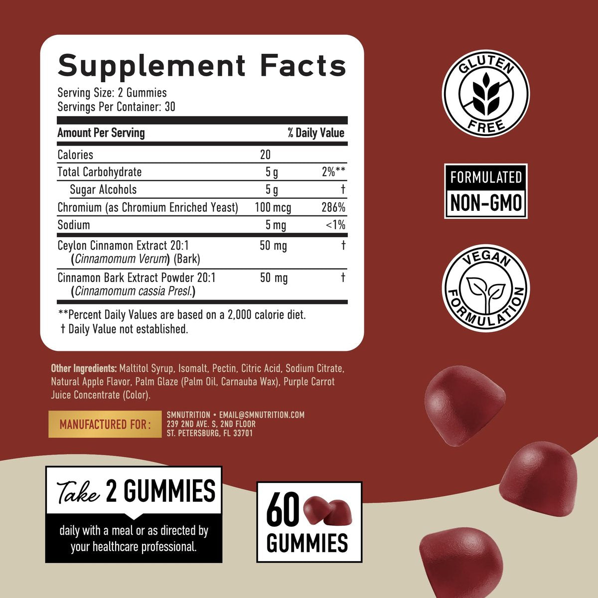 SMNutrition Zuckerfreie Zimt-Gummis mit Ceylon-Zimt & Cassia-Komplex | Zuckerfreier Lebensstil & Schuldgefühlsfreier Apfelkuchen-Geschmack mit Chrom | Vegan, Nicht-GVO, Glutenfrei | 60 Gummis
