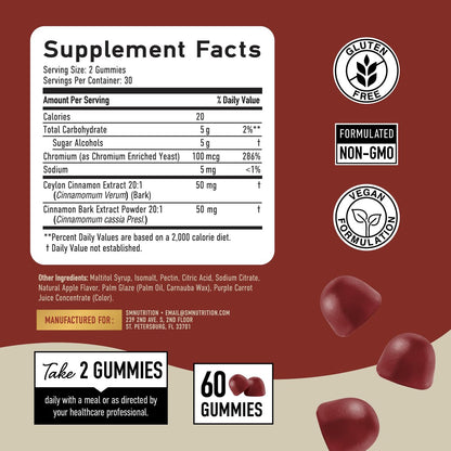SMNutrition Zuckerfreie Zimt-Gummis mit Ceylon-Zimt & Cassia-Komplex | Zuckerfreier Lebensstil & Schuldgefühlsfreier Apfelkuchen-Geschmack mit Chrom | Vegan, Nicht-GVO, Glutenfrei | 60 Gummis