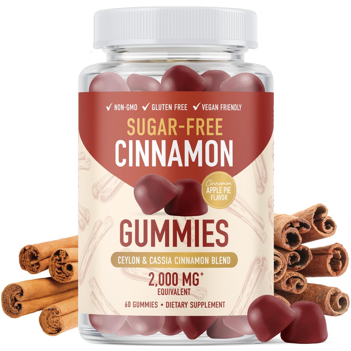 SMNutrition Zuckerfreie Zimt-Gummis mit Ceylon-Zimt & Cassia-Komplex | Zuckerfreier Lebensstil & Schuldgefühlsfreier Apfelkuchen-Geschmack mit Chrom | Vegan, Nicht-GVO, Glutenfrei | 60 Gummis