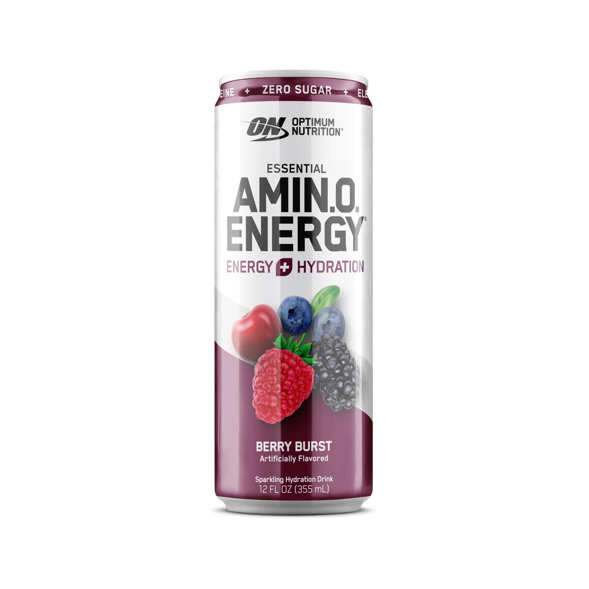 Optimum Nutrition Amino Energy Sparkling Hydration Drink – Zuckerfrei mit Elektrolyten, Koffein, Aminosäuren & BCAAs, Berry Burst, 12x355 ml