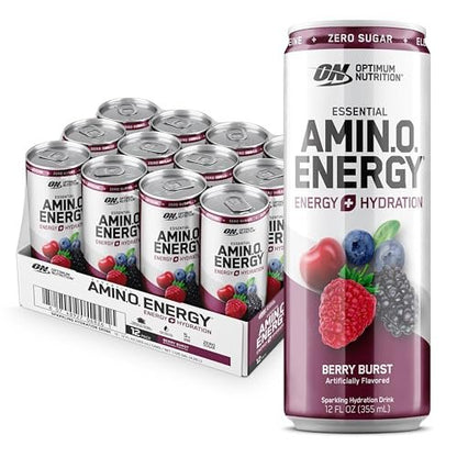Optimum Nutrition Amino Energy Sparkling Hydration Drink – Zuckerfrei mit Elektrolyten, Koffein, Aminosäuren & BCAAs, Berry Burst, 12x355 ml