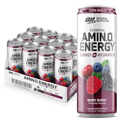 Optimum Nutrition Amino Energy Sparkling Hydration Drink – Zuckerfrei mit Elektrolyten, Koffein, Aminosäuren & BCAAs, Berry Burst, 12x355 ml