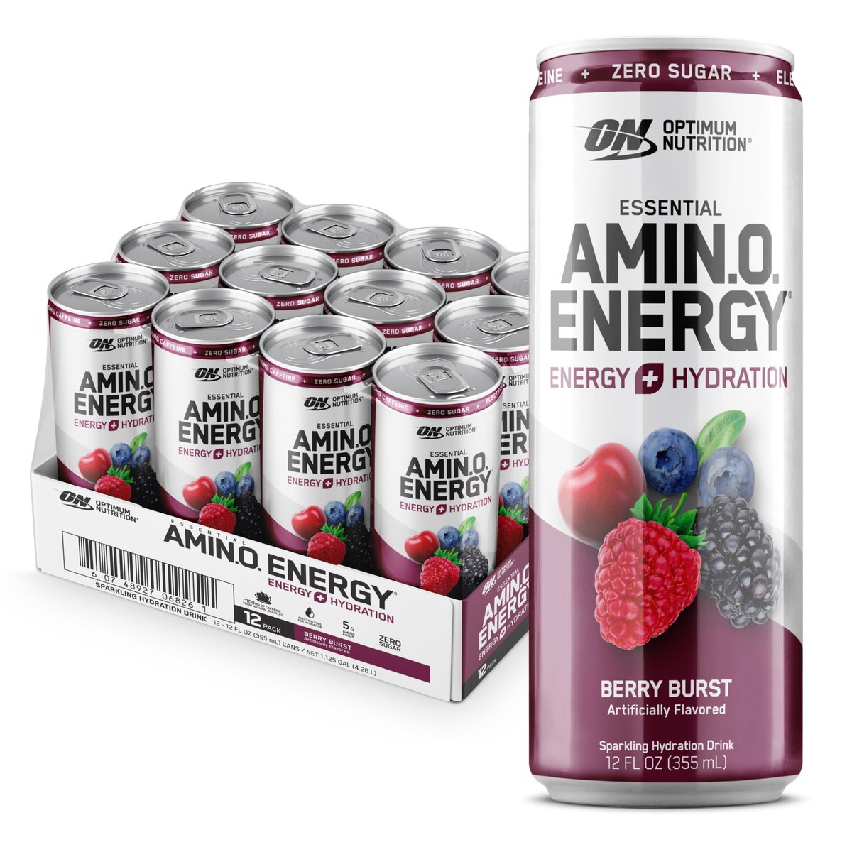 Optimum Nutrition Amino Energy Sparkling Hydration Drink – Zuckerfrei mit Elektrolyten, Koffein, Aminosäuren & BCAAs, Berry Burst, 12x355 ml