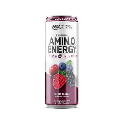 Optimum Nutrition Amino Energy Sparkling Hydration Drink – Zuckerfrei mit Elektrolyten, Koffein, Aminosäuren & BCAAs, Berry Burst, 12x355 ml