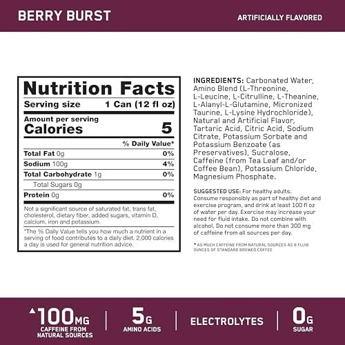 Optimum Nutrition Amino Energy Sparkling Hydration Drink – Zuckerfrei mit Elektrolyten, Koffein, Aminosäuren & BCAAs, Berry Burst, 12x355 ml