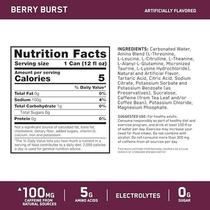 Optimum Nutrition Amino Energy Sparkling Hydration Drink – Zuckerfrei mit Elektrolyten, Koffein, Aminosäuren & BCAAs, Berry Burst, 12x355 ml