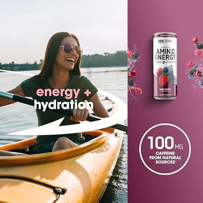Optimum Nutrition Amino Energy Sparkling Hydration Drink – Zuckerfrei mit Elektrolyten, Koffein, Aminosäuren & BCAAs, Berry Burst, 12x355 ml