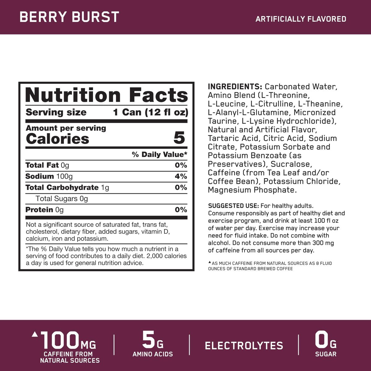 Optimum Nutrition Amino Energy Sparkling Hydration Drink – Zuckerfrei mit Elektrolyten, Koffein, Aminosäuren & BCAAs, Berry Burst, 12x355 ml