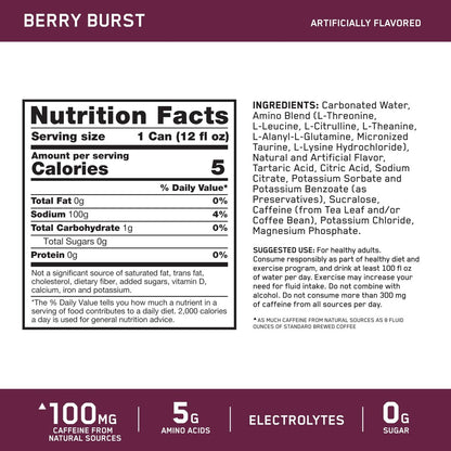 Optimum Nutrition Amino Energy Sparkling Hydration Drink – Zuckerfrei mit Elektrolyten, Koffein, Aminosäuren & BCAAs, Berry Burst, 12x355 ml