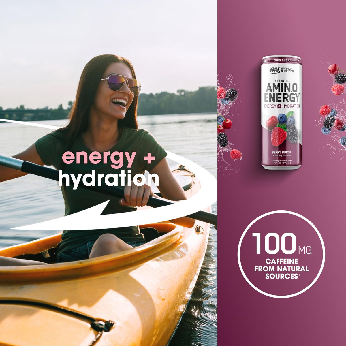 Optimum Nutrition Amino Energy Sparkling Hydration Drink – Zuckerfrei mit Elektrolyten, Koffein, Aminosäuren & BCAAs, Berry Burst, 12x355 ml