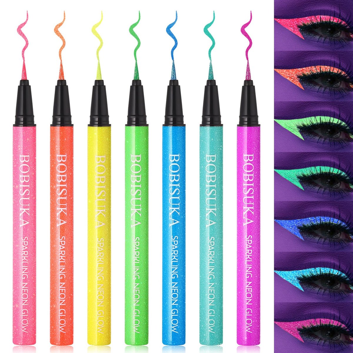 BOBISUKA 7 Farben Neon Eyeliner: UV-Glitzer Flüssig-Eyeliner-Stift - Bunter wasserfester Lidschatten - Regenbogen-schminkfeste Augen-Make-up-Stift-Set für Halloween, Party und Geburtstag