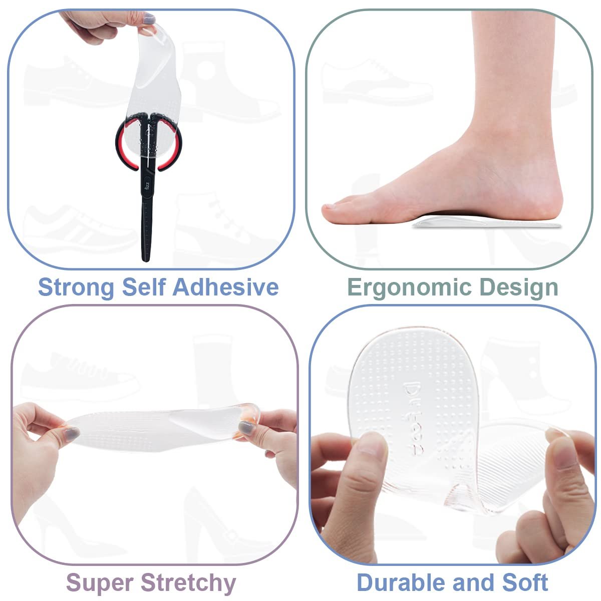 Dr.Foot Fußgewölbe-Stützeinlagen für Plantarfasziitis, selbstklebende Fußgewölbepolster Fersenkissen für flache Schuhe, Fersenschmerzen, Gel-Fußgewölbe-Einlagen für Damen und Herren, 2 Paar (Groß, Transparent)